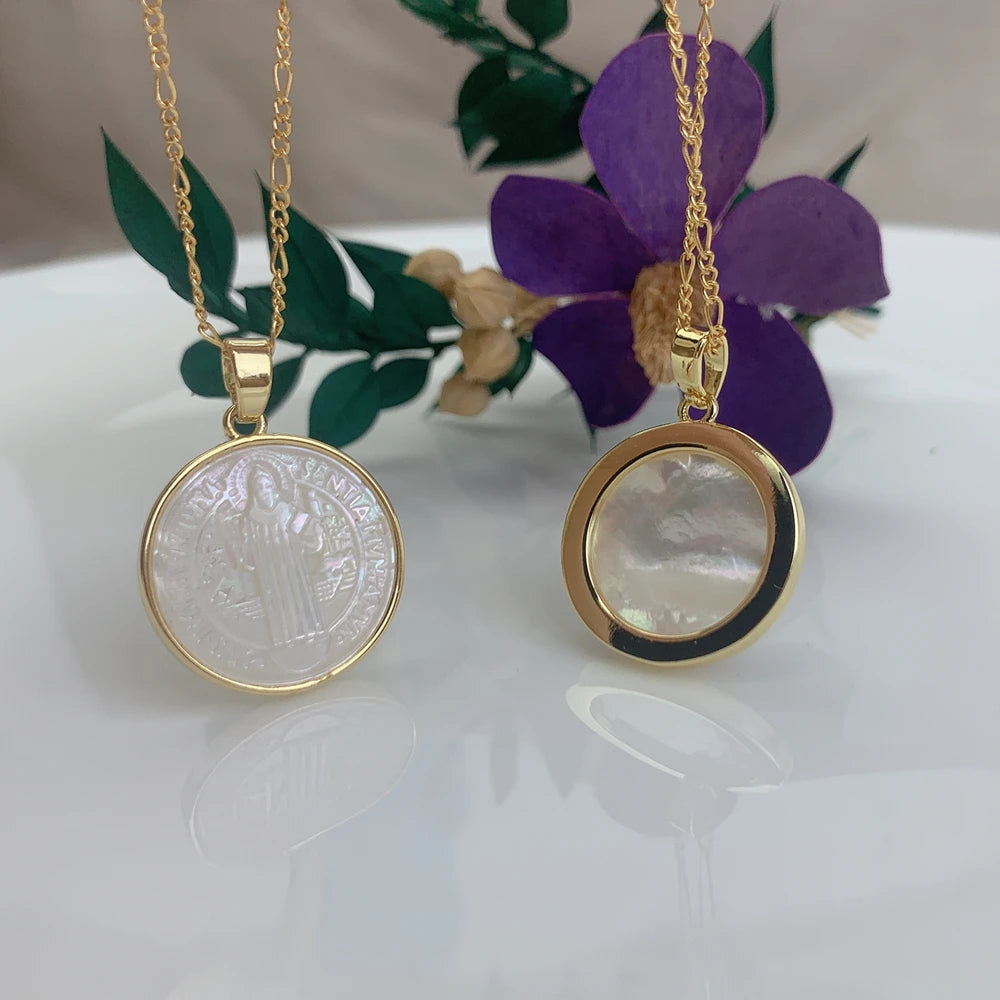 Sacred Holy Bible Cross Saint Benedict Virgin Mary Guadalupe Choker Necklace For Women MOP Pearl Shell Religious Pendant Jewelry