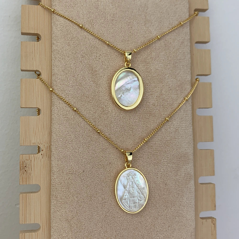 Classic Holy Virgin Mary Choker Necklace For Women Natural MOP Pearl Shell Religious Small Oval Medal Pendant Neck Chain Jewelry