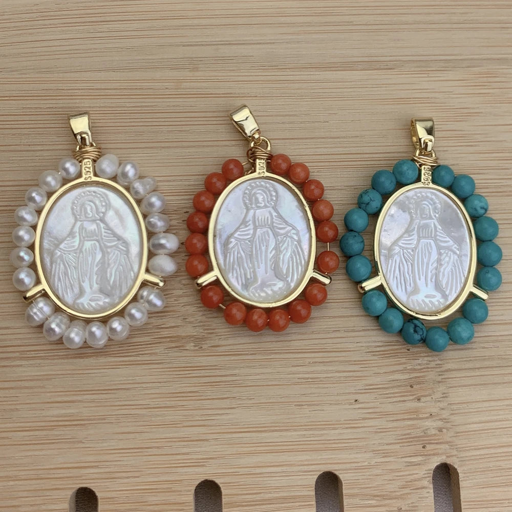 Fashion Sea Shell Oval Medal Virgin Mary Pendants Charms For Jewelry Making Religious Necklace Metal Freshwater Pearl Beads