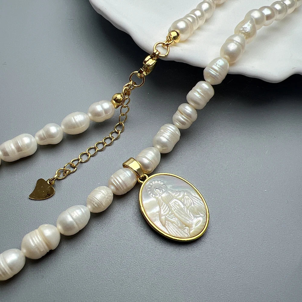 Natural Pearl Choker Female Shell Jesus Sacred Heart Virgin Mary Guadalupe Pendant Necklace For Women Luxury Religious Jewelry