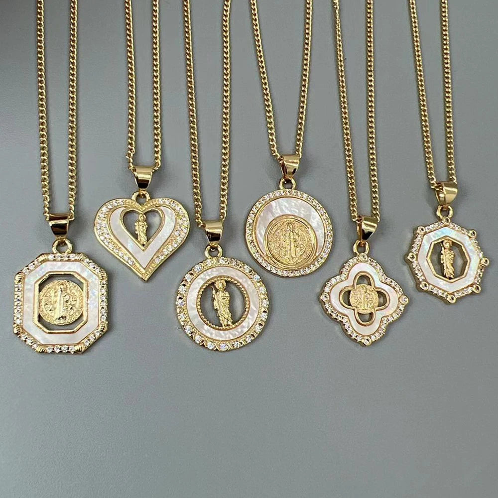 Religious Jesus Saint Benedict Necklace Vintage Geometry Sea Shell Zircon Heart Pendant Neck For Women Jewelry Gifts