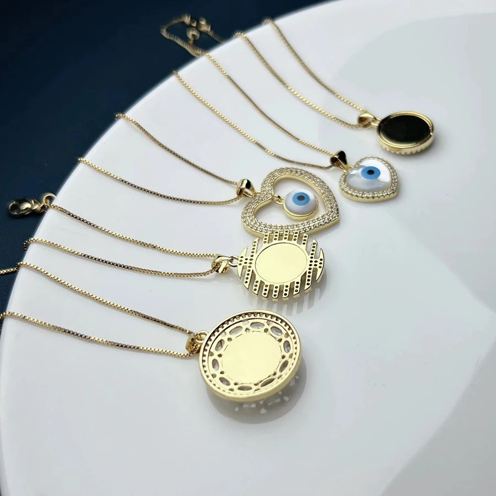 Fashion Evil Eye Necklace Women Heart Round Metal Zircon MOP Sea Shell Pendant Charm Box Chain Neck For Girl Gifts