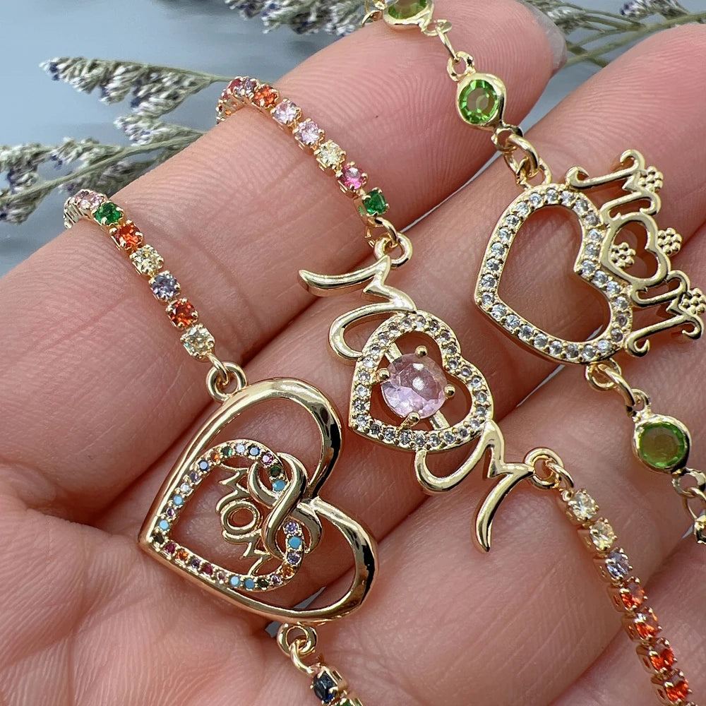 Mother's Day Zircon Adjustable Box Chain Love Heart MOM Letter Charm Bracelet For Women Jewelry Gifts