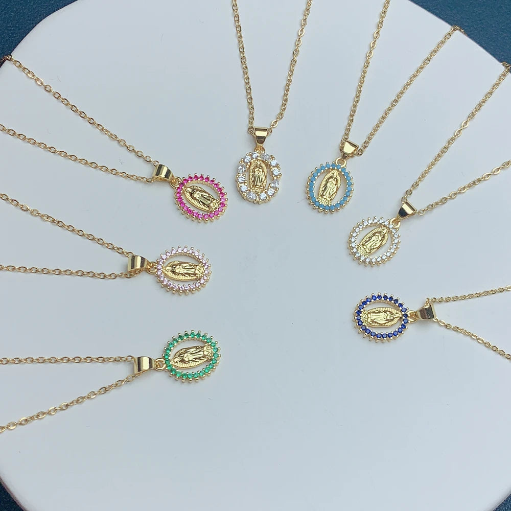 Holy Guadalupe Virgin Mary Necklace Women Stainless Steel Gold Plated O Chain Rhinestone Crystal Pendant Religion Jewelry Gifts