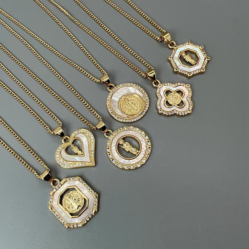 Religious Jesus Saint Benedict Necklace Vintage Geometry Sea Shell Zircon Heart Pendant Neck For Women Jewelry Gifts