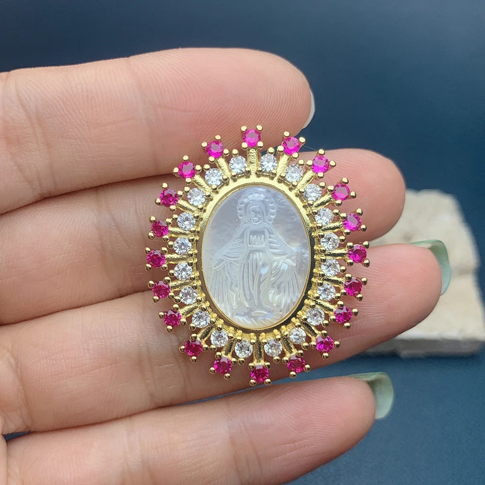 Exquisite Oval Medal Zircon White MOP Sea Shell Religion Virgin Mary Pendants For Jewelry Making DIY Necklace Charms Accessories