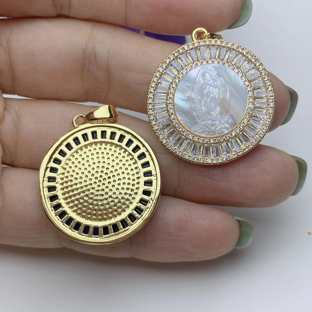 Sea Shell Metal Zircon Round Our Lady of Guadalupe Virgin Necklace Pendants Charms For Jewelry Making DIY Religiou Accessories