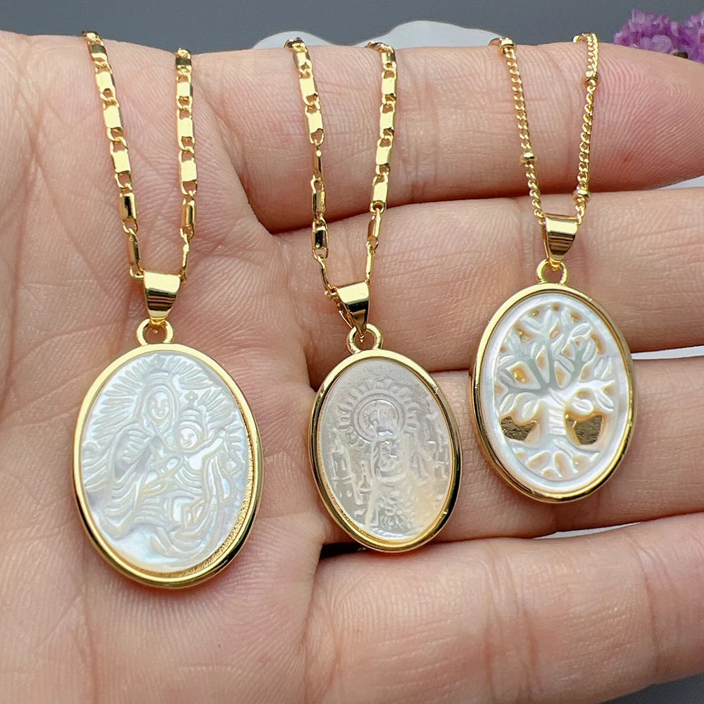 Medal MOP Shell Pendant Necklace For Women Oval Round Life Tree Virgin Mary Angel Charm Neck Girls' Classic Jewelry