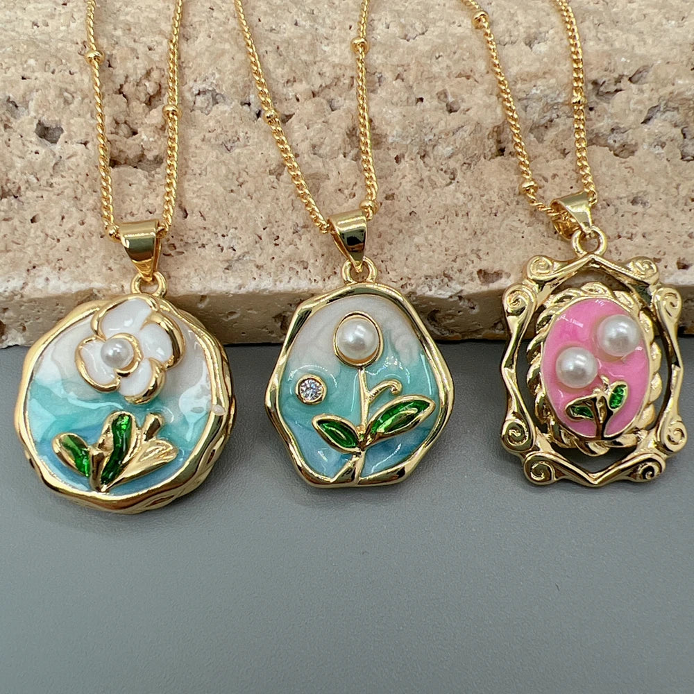 Fashion Imitation Pearl Enamel Flower Pendant Necklace For Women Jewelry
