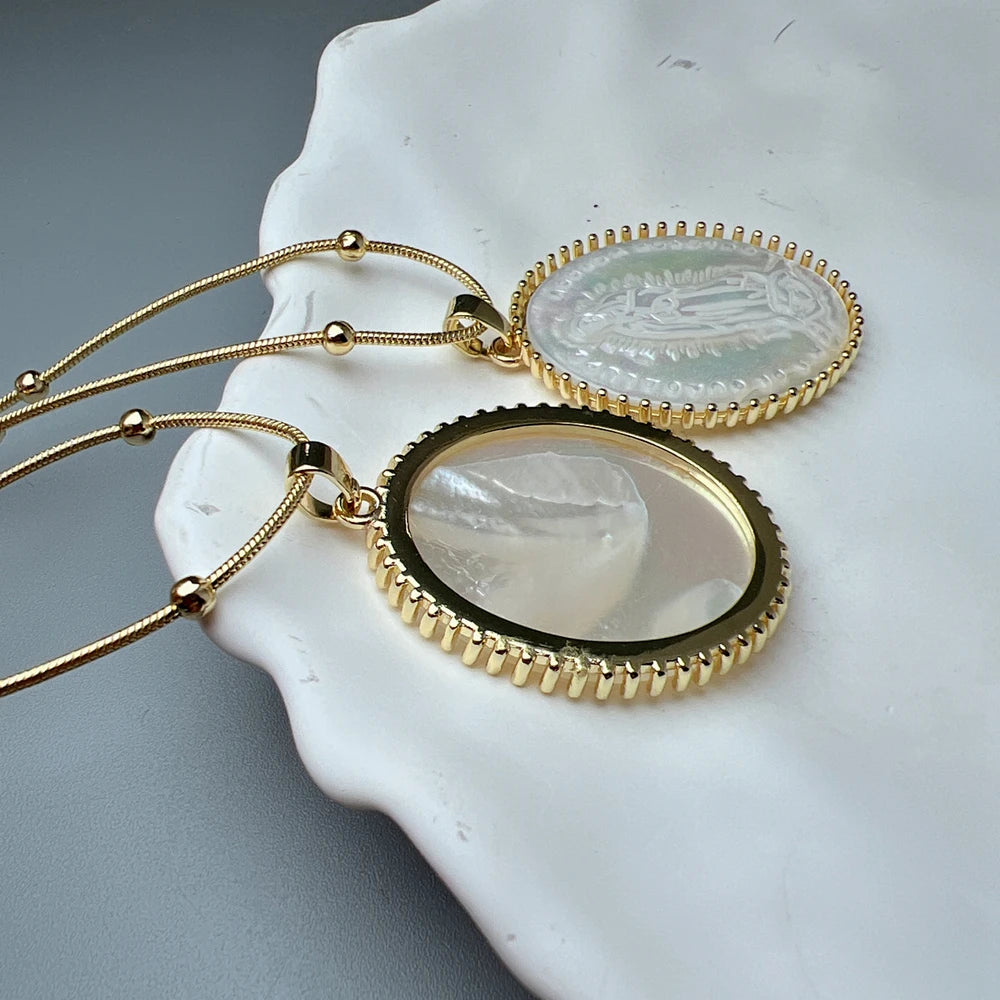 Hot Religious Guadalupe Necklace Female Oval Natural Sea Shell Pendant Jewelry For Women