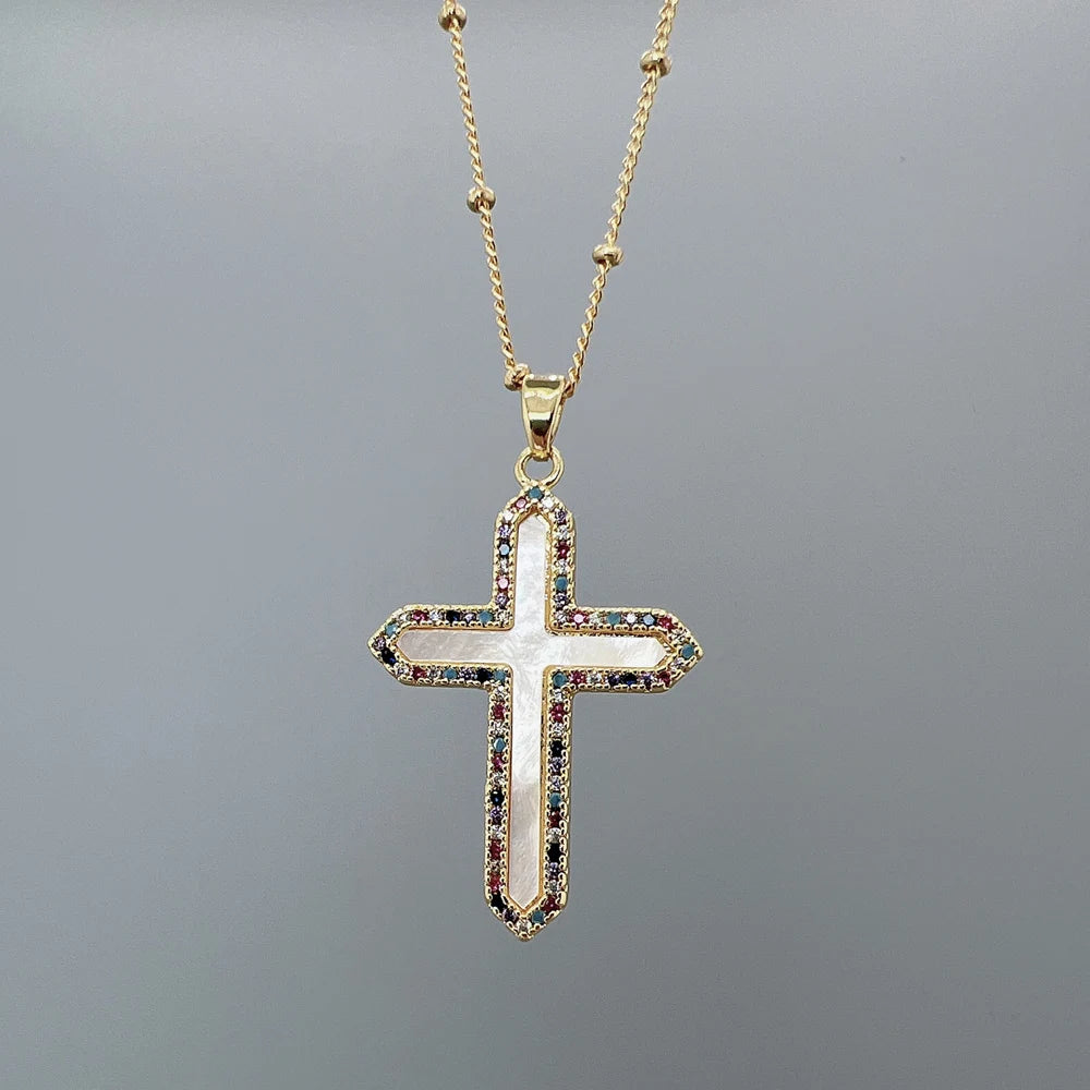 Fashion Classic Zircon Natural Sea Shell Cross Pendant Necklace Jewelry For Women Gift