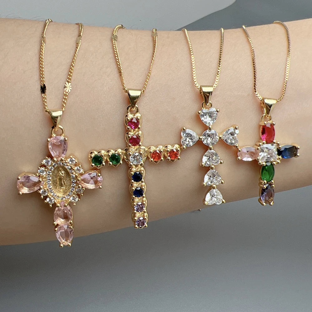Shiny Zircon Crystal Guadalupe Cross Pendant Necklace For Women Classic Jewelry Girls