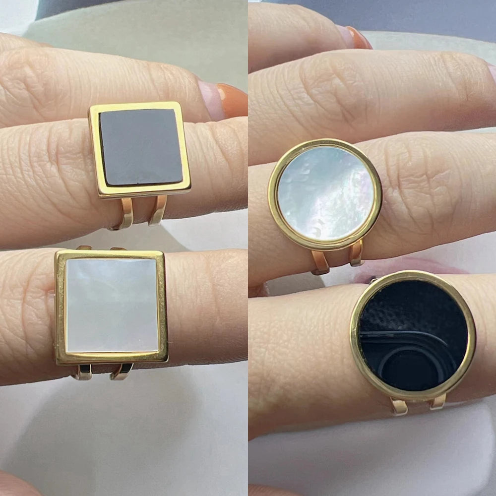 Fashion Stainless Steel Ring For Women Sea Shell Agate Gemstone Trendy Girl Gifts Jewelry