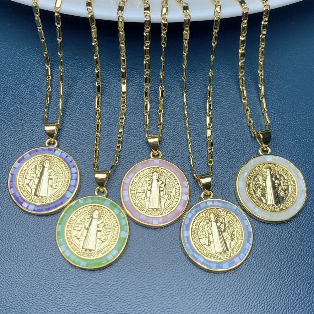 Round Medal Saint Benedict Pendant Necklace Women Sea Shell Charm For Female 2022 Jewelry