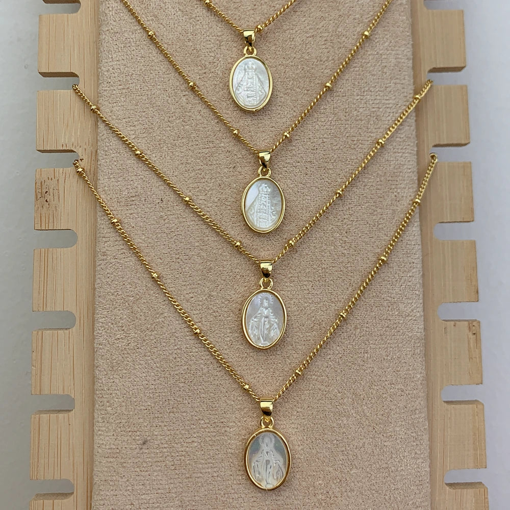 Classic Holy Virgin Mary Choker Necklace For Women Natural MOP Pearl Shell Religious Small Oval Medal Pendant Neck Chain Jewelry