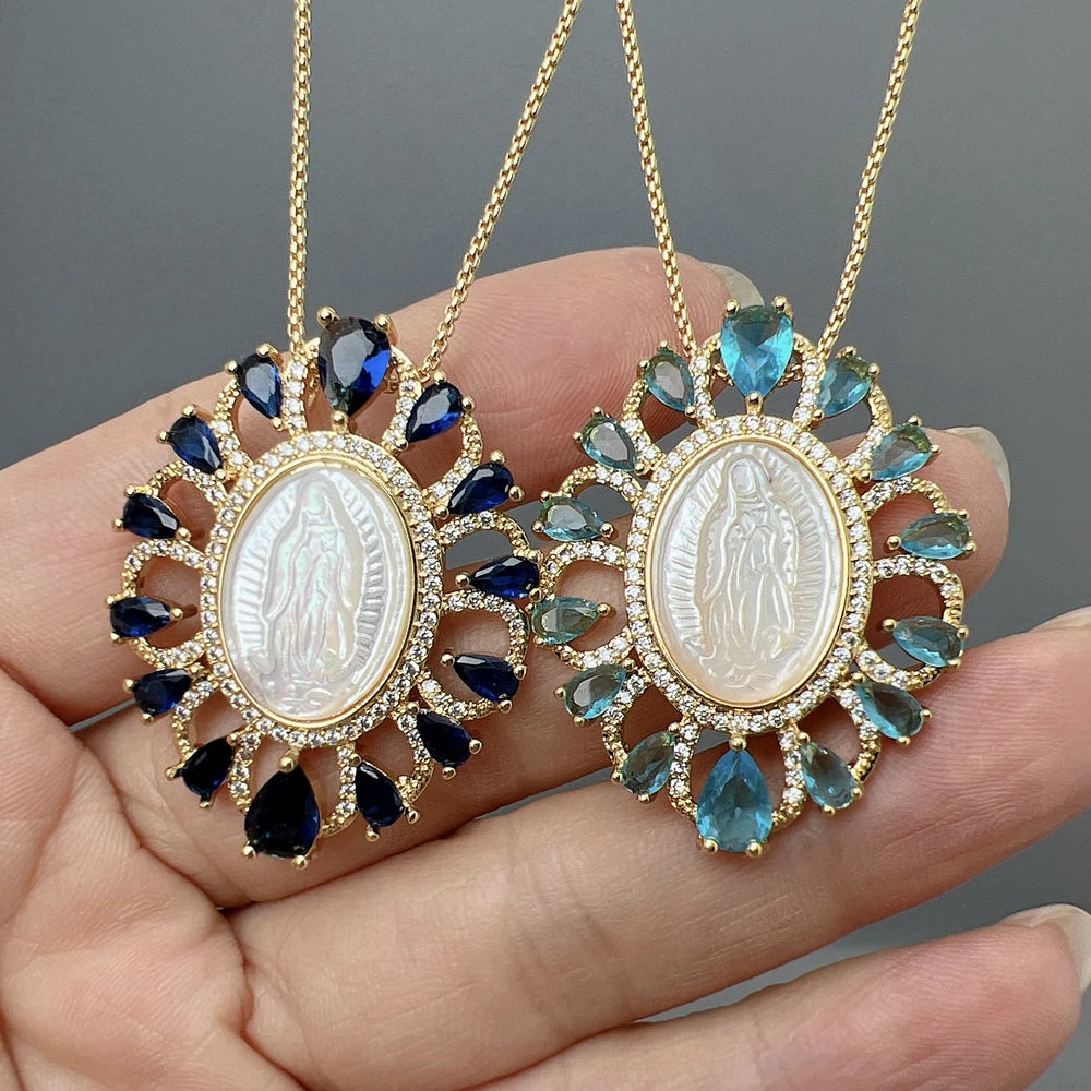 Luxury Guadalupe Virgin Mary Necklace Shiny Zircon Natural Sea Shell Pendant Neck For Women Fashion Jewelry Gifts