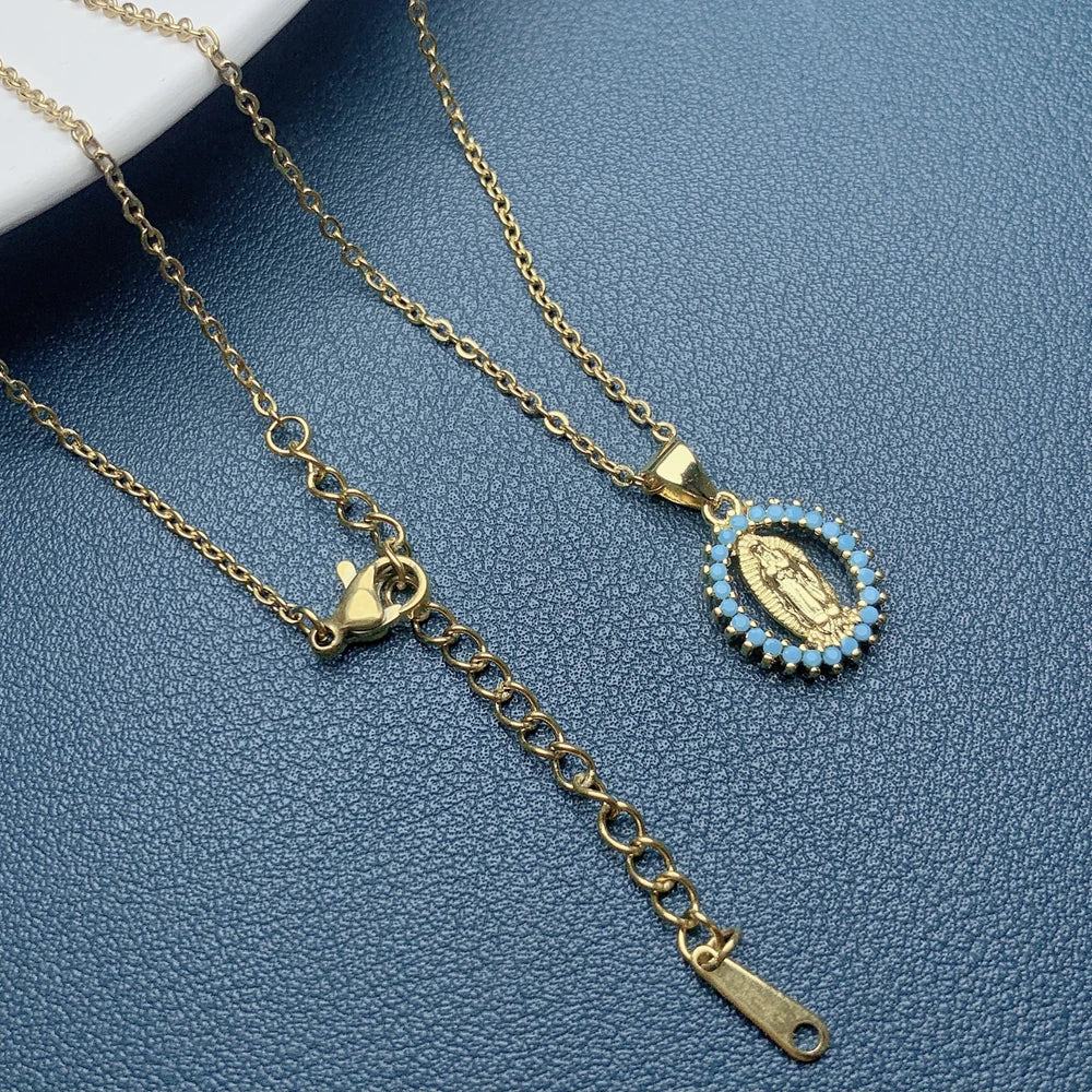 Holy Guadalupe Virgin Mary Necklace Women Stainless Steel Gold Plated O Chain Rhinestone Crystal Pendant Religion Jewelry Gifts