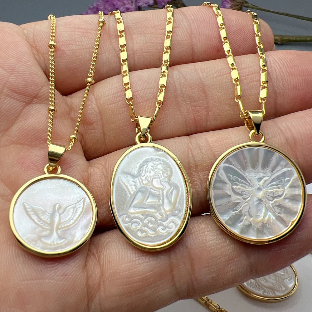 Medal MOP Shell Pendant Necklace For Women Oval Round Life Tree Virgin Mary Angel Charm Neck Girls' Classic Jewelry
