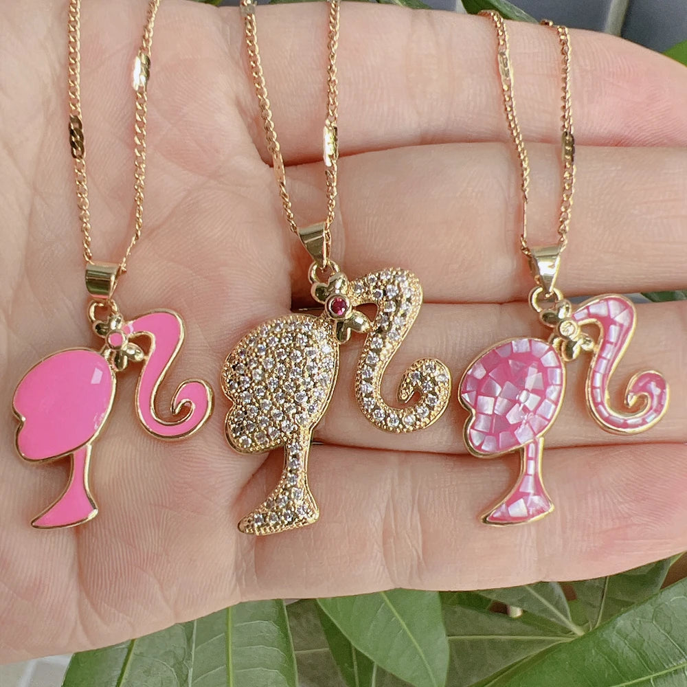 Fashion Zircon Shell Enamel Cartoon Barbie Pendant Necklace Stainless Steel Chain Jewelry For Women Gift