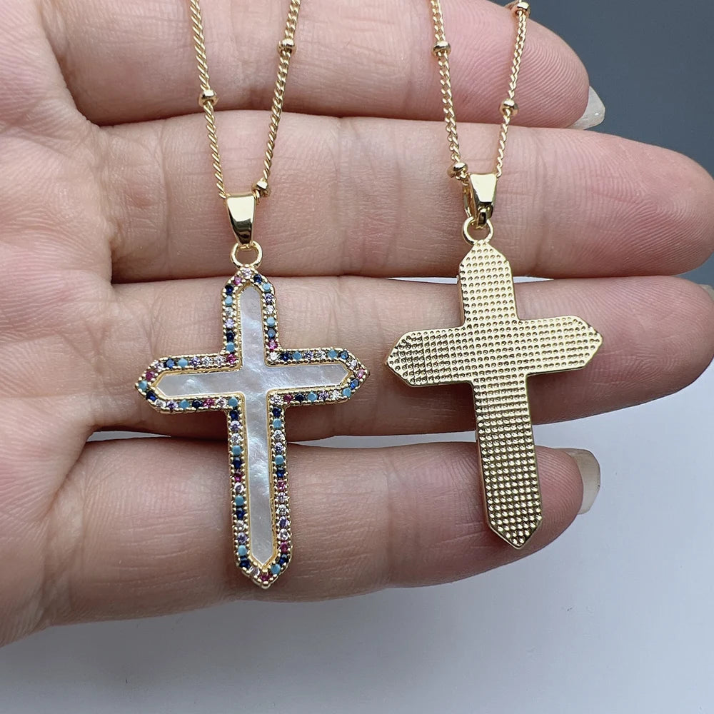 Fashion Classic Zircon Natural Sea Shell Cross Pendant Necklace Jewelry For Women Gift