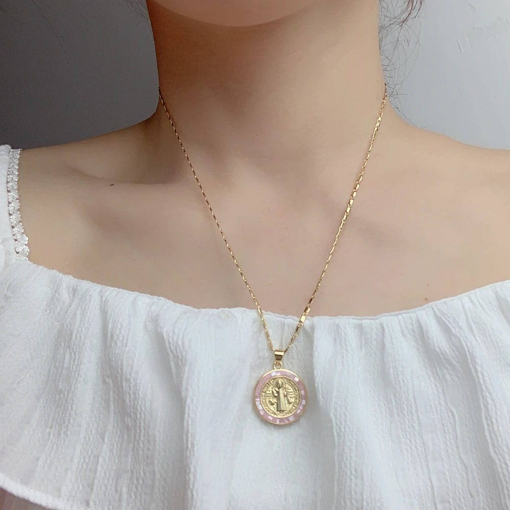 Round Medal Saint Benedict Pendant Necklace Women Sea Shell Charm For Female 2022 Jewelry