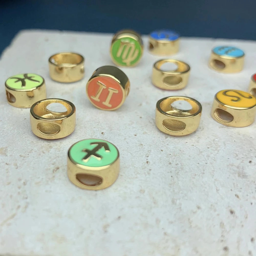 Fashion Big Hole Round Metal Enamel 12 Constellation Zodiac Beads For Jewelry Making DIY Bracelets Necklace Accessories Set