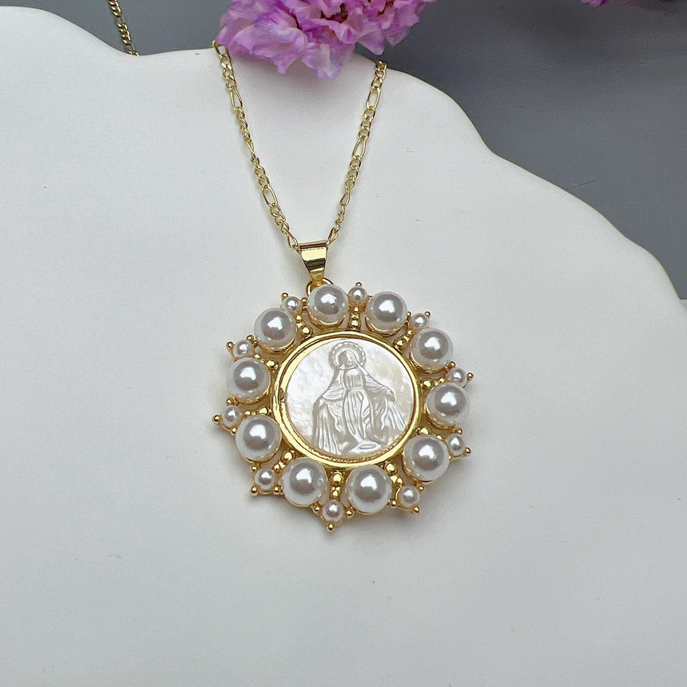 Guadalupe Virgin Mary Necklace Female Natural Sea Shell Religious Medal Pendant Figaro Chain Neck For Women