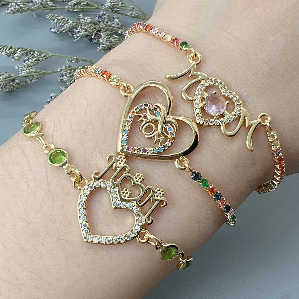 Mother's Day Zircon Adjustable Box Chain Love Heart MOM Letter Charm Bracelet For Women Jewelry Gifts